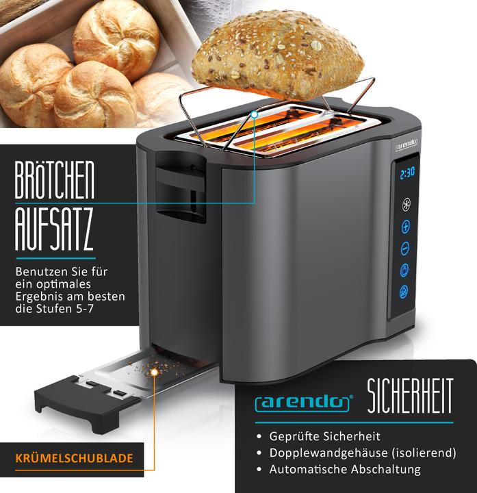 Actual product image Arendo Toaster stainless steel 2 slices short slot, display with remaining time indicator, touch panel