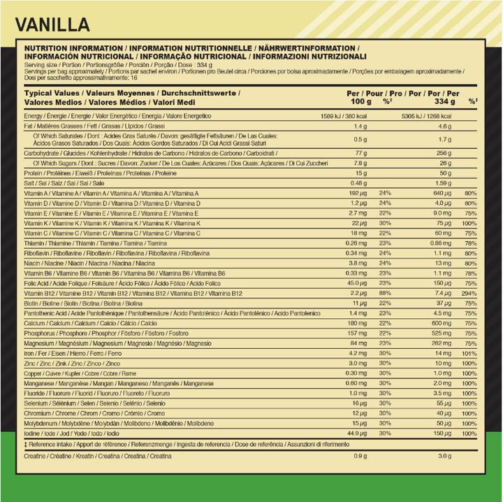 Valori nutrizionali e ingredienti Optimum Nutrition Massa seria (Vaniglia, Bevanda sportiva in polvere, 1 pz., 3022 g)