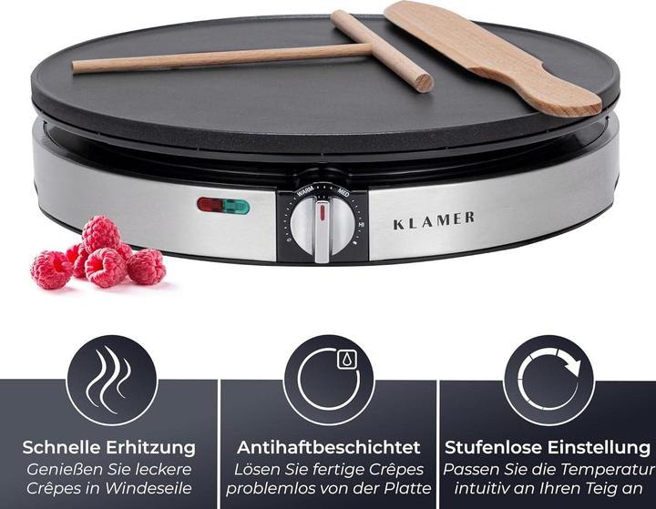 Produktbild KLAMER Crepes Maker, Backfläche mit 30cm Ø, antihaftbeschichtete Platte, inkl. Teigverteiler un…