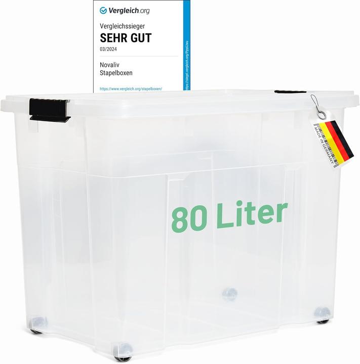Actual product image Novaliv XXL Aufbewahrungsbox mit Deckel Gross 80L transparente Nestbar stapelbare Plastikbox mit Clip (61 x 40 x 45 cm, 80 l)