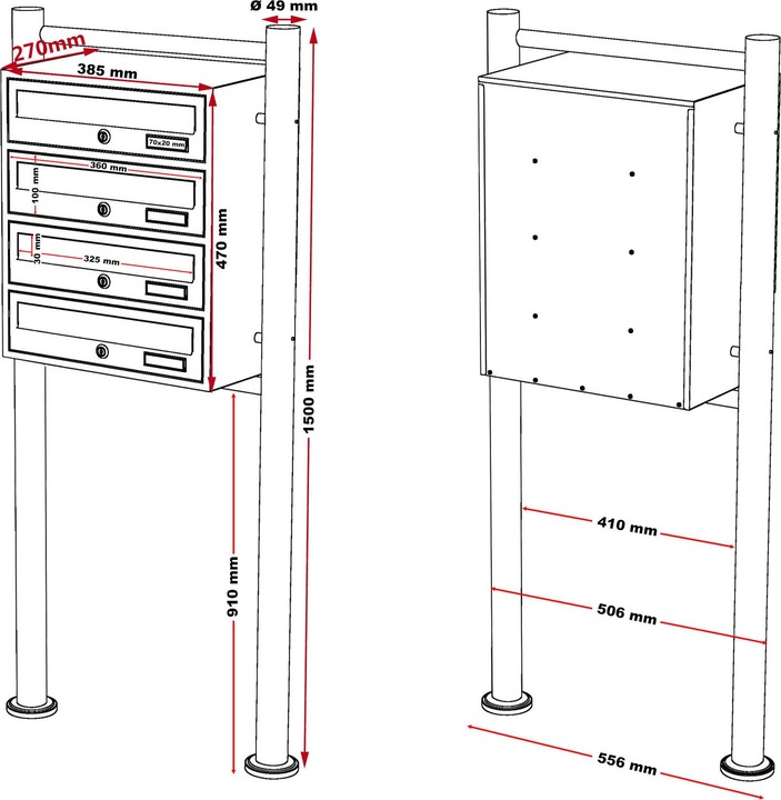 Produktbild Wiltec 4er Briefkastenanlage Edelstahl 270x513x1500mm Standbriefkasten Post