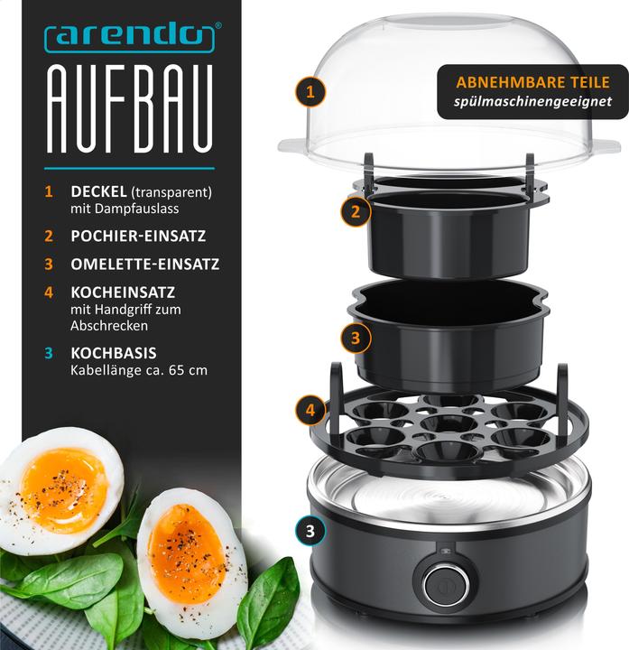 Produktbild Arendo Eierkocher für 7 Eier gleichzeitig, 350W, Edelstahl-Design, pochierte Eier & Omelette Einsatz, grau