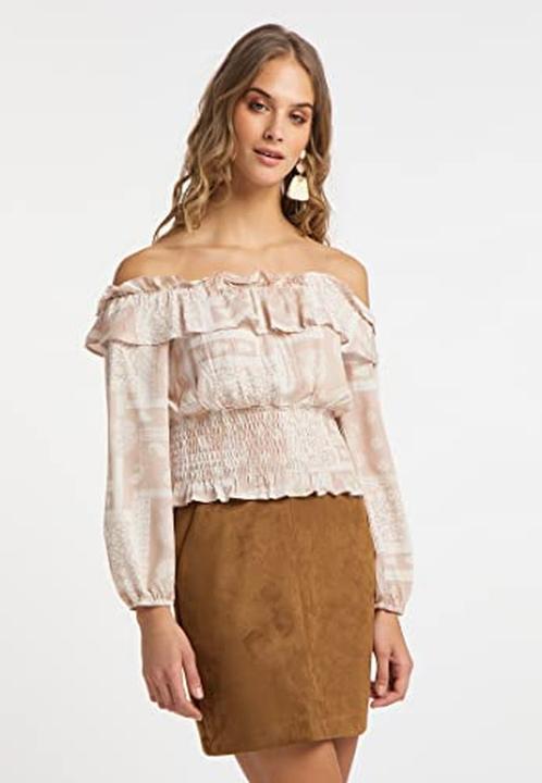 Actual product image Izia Carmenblouse with Ethnic Print, Soft Viscose, Smocked Hem, Neckline Ruffle, Elastic Cuffs (S)