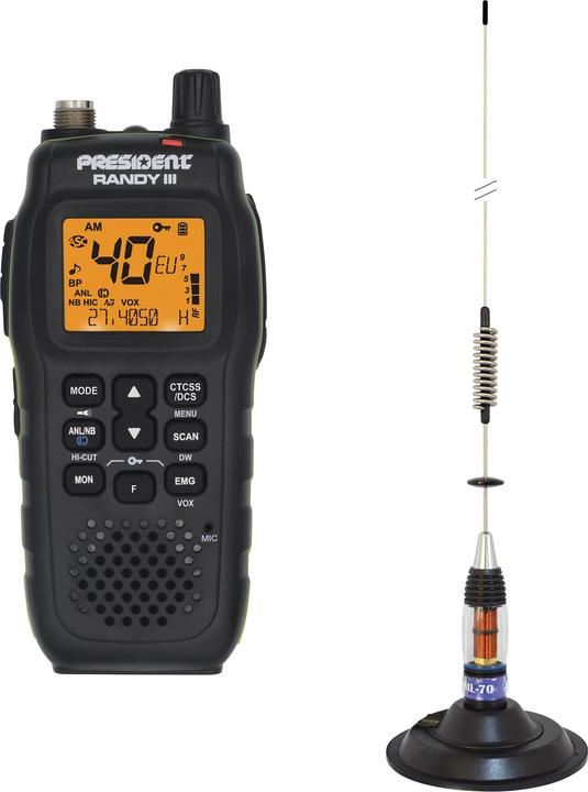 Actual product image PNI CB President RANDY III AM/FM radio package + ML70 CB antenna, length 70 cm, 26-30 MHz, 200 W
