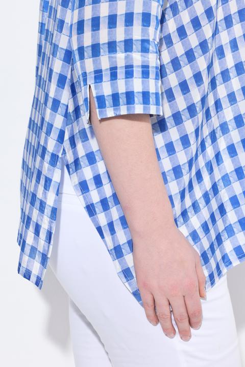 Immagine prodotto Ulla Popken Blusa a quadri dal taglio oversize con orlo a punte, collo da camicia e maniche a 3/4 (50, 52)