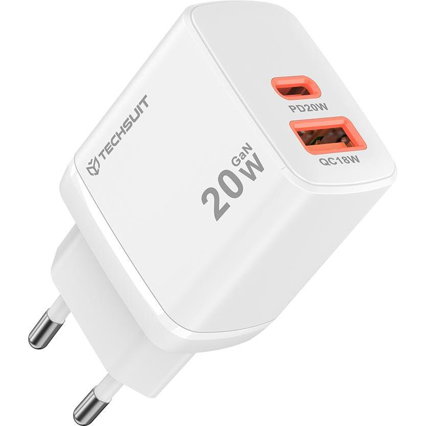 Techsuit - Wall Charger Duonix20W (CH2) - Type-C, USB, Dual Travel Charger 20W - White (20 W), Caricatore USB, Bianco