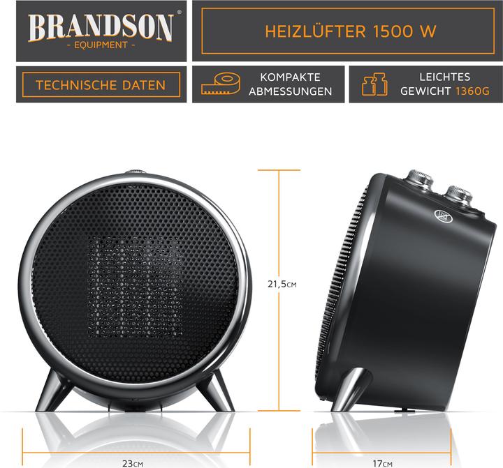 Produktbild Brandson Heizlüfter 1500 Watt, Keramik Heizelement und Thermosicherung, Badezimmer Keramikheizgerät (1500 W)