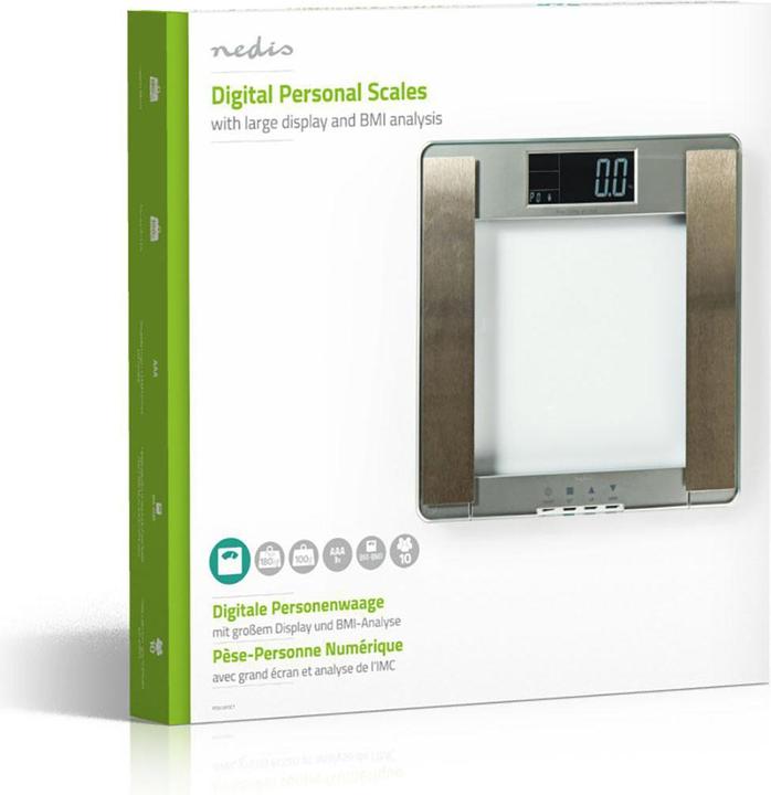 Actual product image Nedis PESC120DCT Body Mass Index (BMI) scales 10 user profiles Safety glass (180 kg)