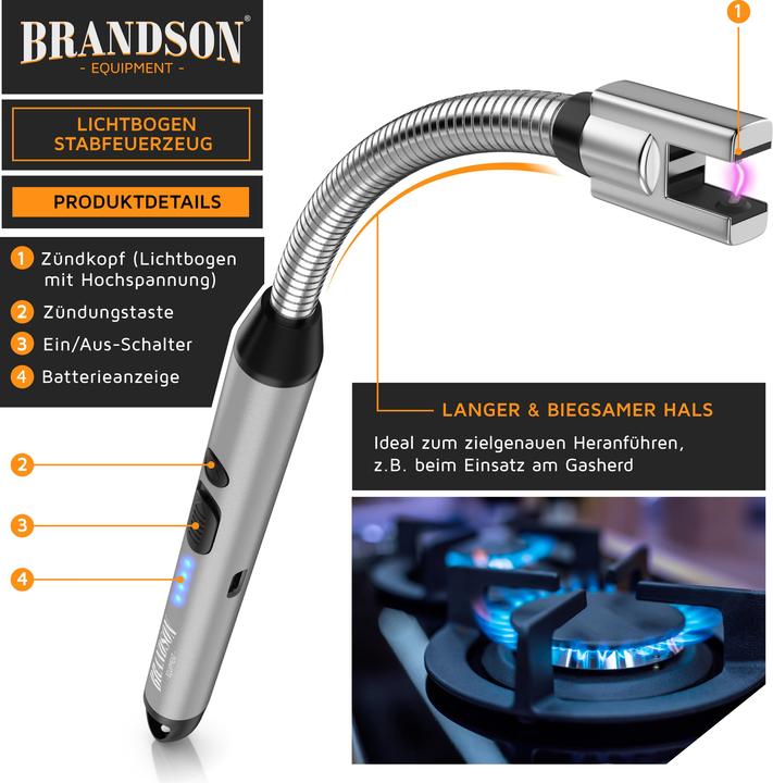 Produktbild Brandson Feuerzeug elektrisch, Lichtbogen Stabfeuerzeug USB aufladbar, flexibler Hals, Kaminanzünder, silber