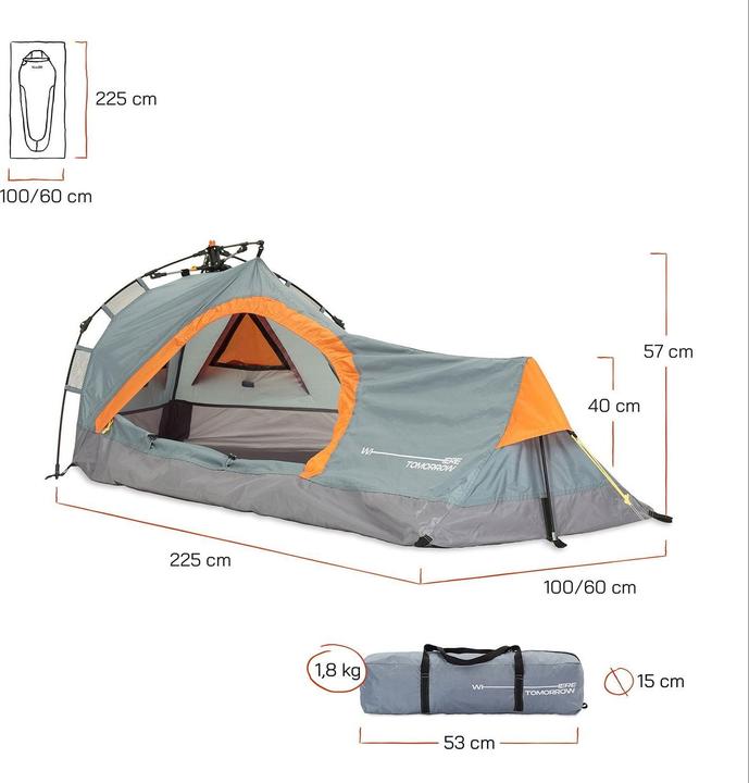 Image du produit Where Tomorrow Tente 1 personne Triangle 225 cm x 100 cm, Gris (2 kg, 1 personne)