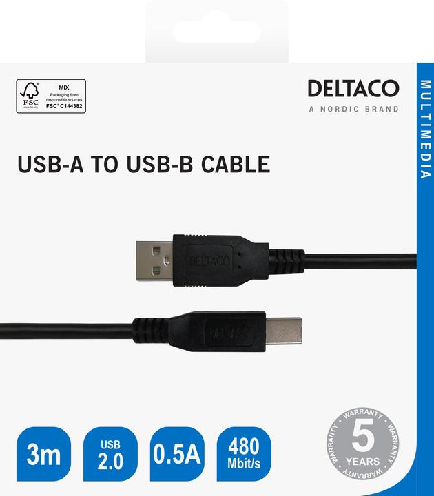 Produktbild Deltaco USB 2.0 Cable, Type A - Type B, 3m - Black (USB-B, USB-A)