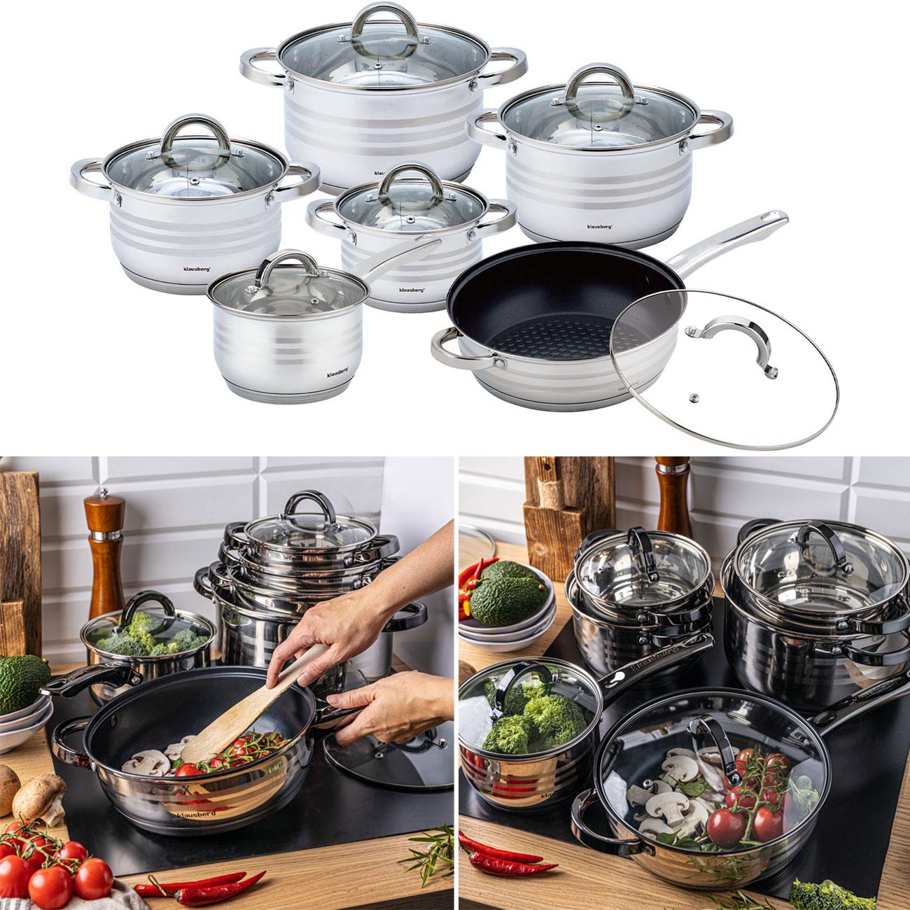 Thumbnail - Klausberg Edles Kochtopf-Set aus Edelstahl mit Glasdeckel, 6-teilig, Pfanne + Kochtopf, Silber