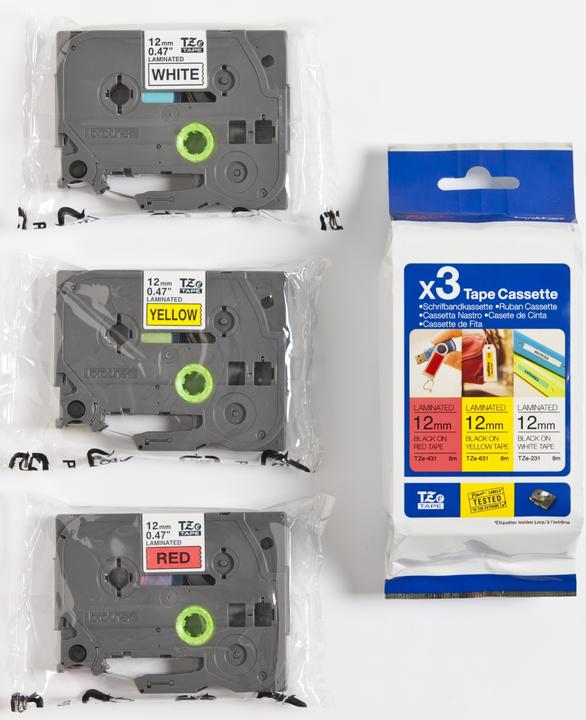 Actual product image Brother Multipack TZe-31M3 (1.20 cm, White, Yellow, Black, Red)