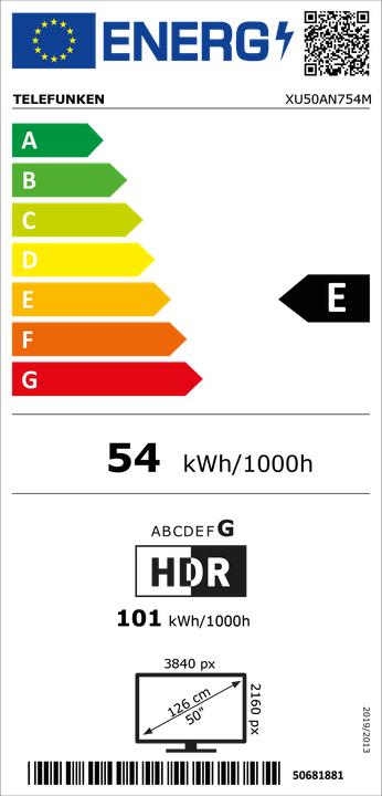 Energie-Label Telefunken XU50AN754M (126 cm (50 Zoll), schwarz, UltraHD/4K, Triple Tuner, SmartTV, Android Betriebssystem) (50", LED, 4K, 2023)