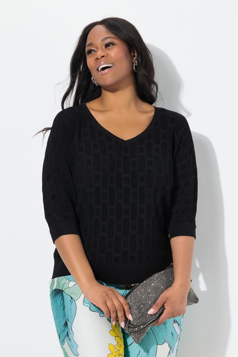 Produktbild Ulla Popken Strickshirt, 3D-Design, Oversized, V-Ausschnitt, Halbarm (56)