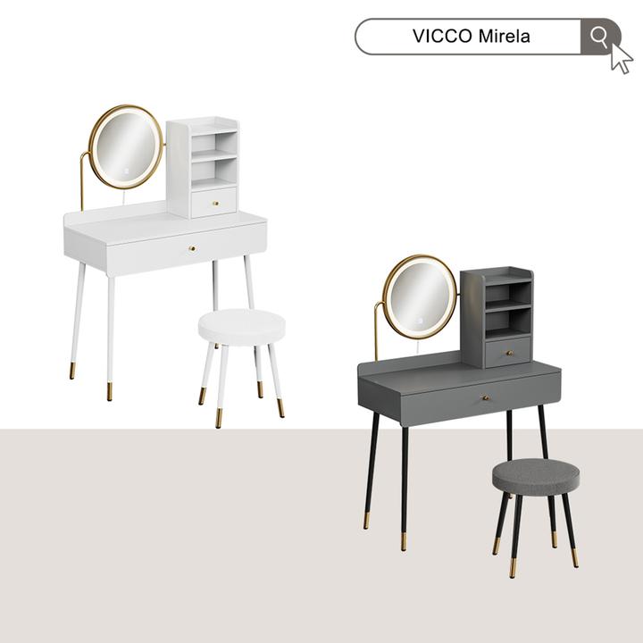 Produktbild Vichy Schminktisch Mirela, Grau, 90 cm mit LED-Spiegel und Hocker (130 x 40 cm)