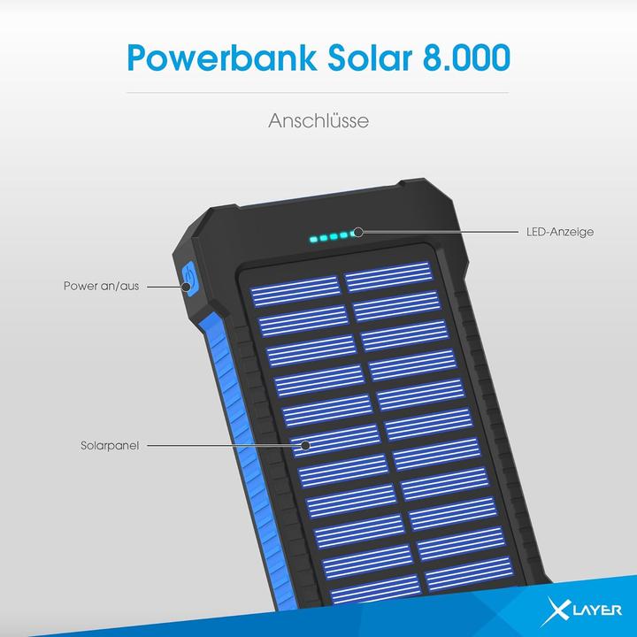 Produktbild Xlayer Powerbank PLUS Solar Black/Blue 8000mAh (8000 mAh, 5 W, 29.60 Wh)