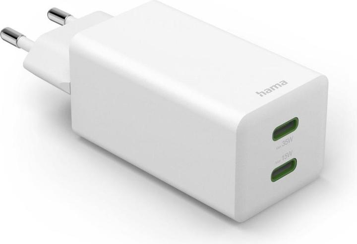 Image du produit Hama Chargeur rapide + câble, 2x USB-C, PD/QC, mini-chargeur, 35W, 1 m, blanc (35 W, 2 ports)