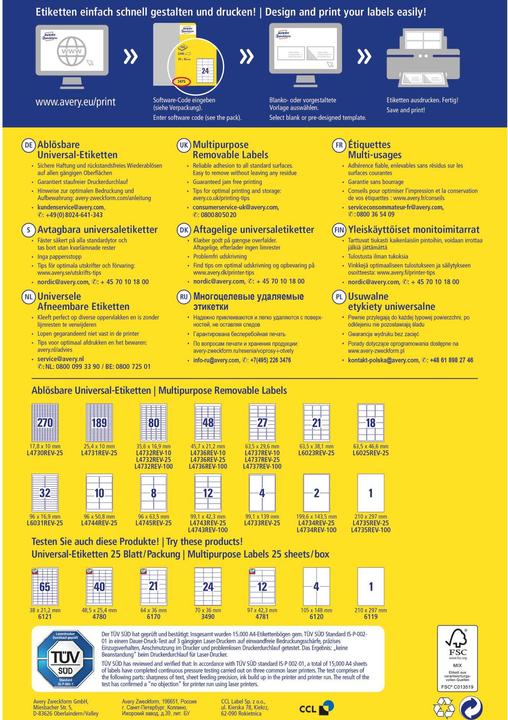 Image du produit Avery Universal-Etiketten L4736REV-100 45.7 x 21.2 mm