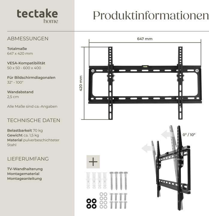 Image du produit tectake Support TV mural (Mur, 65", 70 kg)