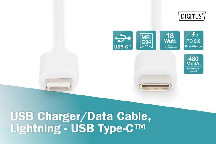 Image du produit Digitus USB type C - Lightning (2 m, USB 2.0, 18 W)
