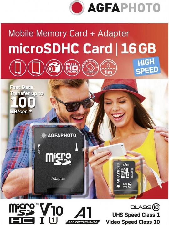Immagine prodotto AGFAPHOTO MicroSDHC UHS-I 16GB ad alta velocità classe 10 U1 + adattatore (16 GB, microSDHC, U1, UHS-I)