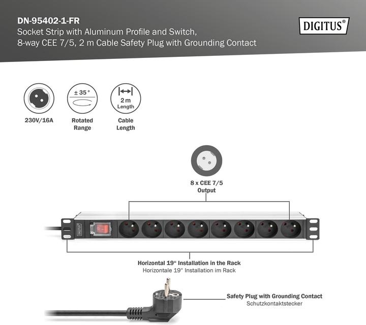 Actual product image Digitus Socket strip with aluminum profile and switch, 8-way CEE 7/5, 2 m cable safety plug with grounding c (8x, CEE 7/5, 2 m)