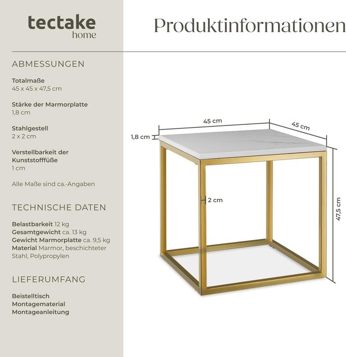 Image du produit tectake Table d'appoint en marbre Alysia, carré (45 x 45 x 47.50 cm)