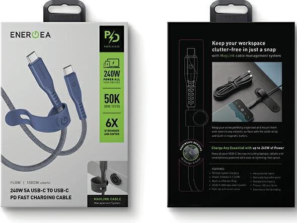Actual product image Energea cable Flow USB-C - USB-C 1.5m niebieski/blue 240W 5A PD Fast Charge (1.50 m, USB 3.2 Gen 2x2, 240 W)