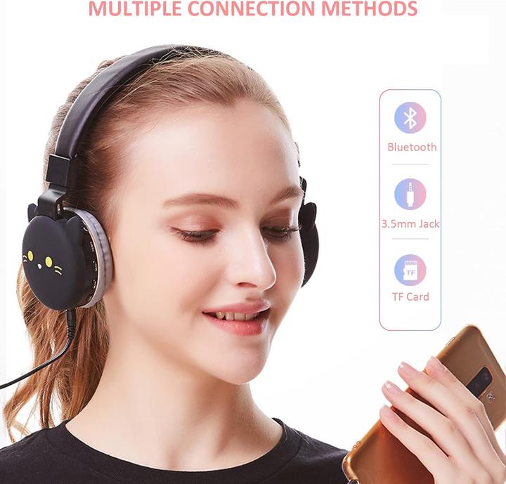 Produktbild Yunseity Kinder-Kopfhörer kleine schwarze Katze mit Mikrofon, Faltbar, Bluetooth