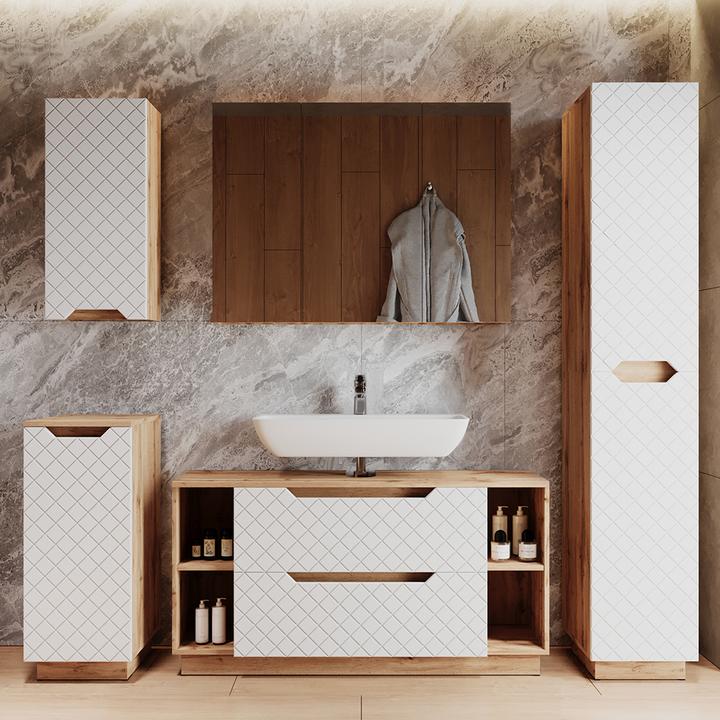 Actual product image Vicco Waschbeckenunterschrank Lotta, Eiche/Weiss mit Kachelstruktur, 119.2 x 62.5 cm mit 2 Schubladen (119.20 x 32 x 62.50 cm)