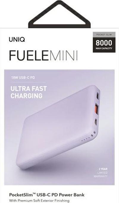 Productafbeelding Uniq Powerbank Fuele mini 8000mAh USB-C 18W PD Snel opladen wetendowy/lavendel (8000 mAh, 18 W, 29.60 Wh)
