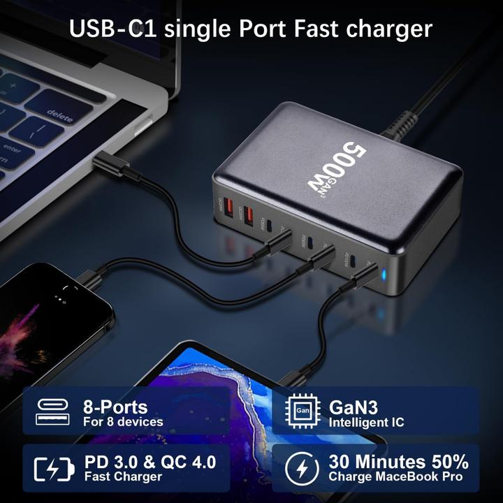 Image du produit PhoneLook Station de charge rapide 500W 8 ports USB PD Quick Charge 3.0 USB-C avec câble inclus prise CH/EU in (500 W)