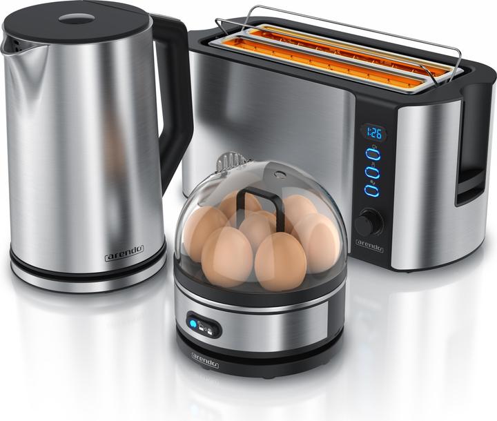 Produktbild Arendo Frühstücks Set, Wasserkocher 1,5l Temperaturwahl, 4 Scheiben Toaster & Eierkocher für 7 Eier, Silber