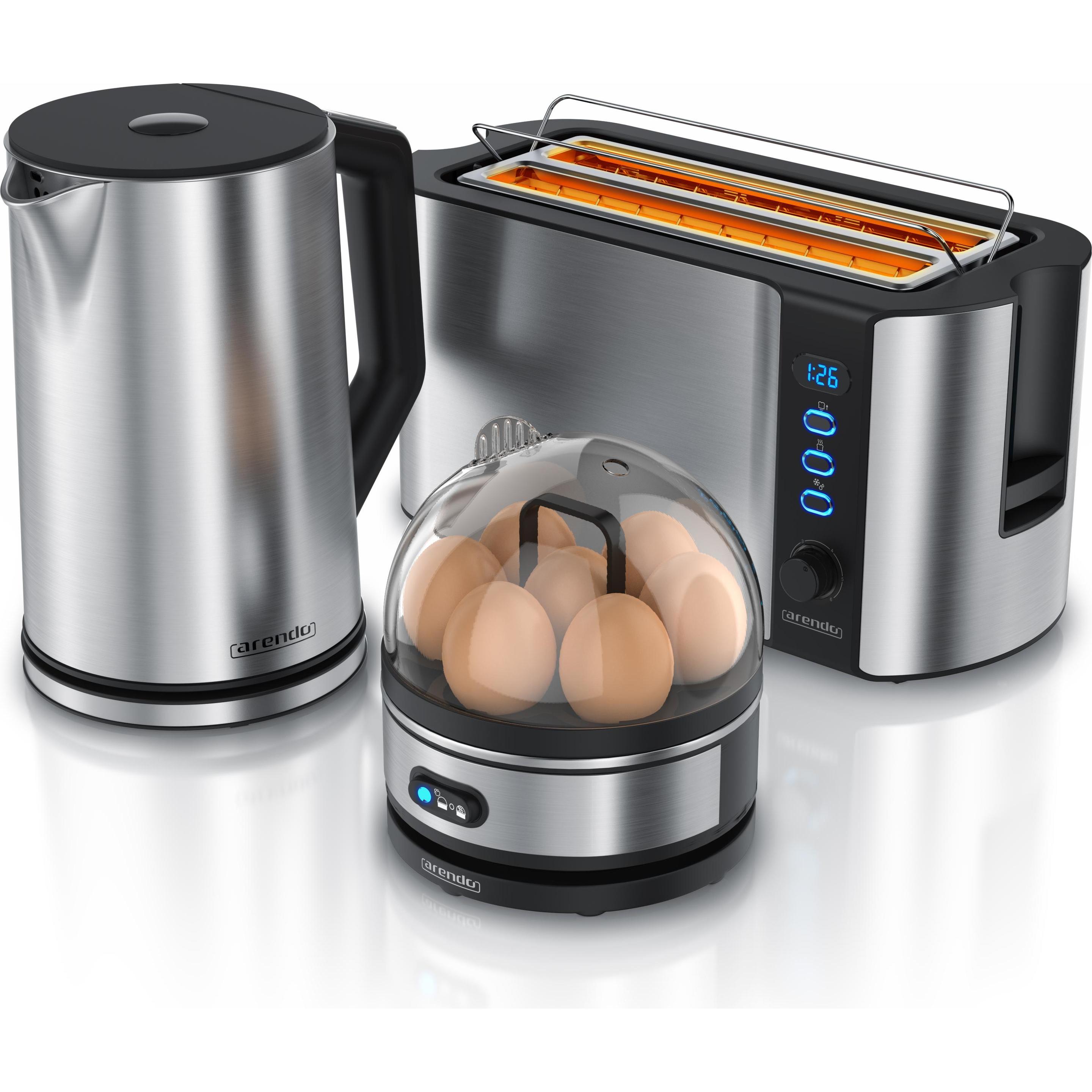 Arendo Frühstücks Set, Wasserkocher 1,5l Temperaturwahl, 4 Scheiben Toaster & Eierkocher für 7 Eier, Silber, Wasserkoche...