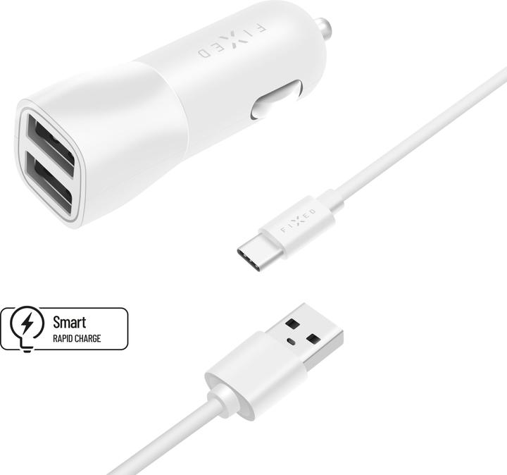 Fixed Dual USB Car Charger 15W + USB/USB-C Cable, white