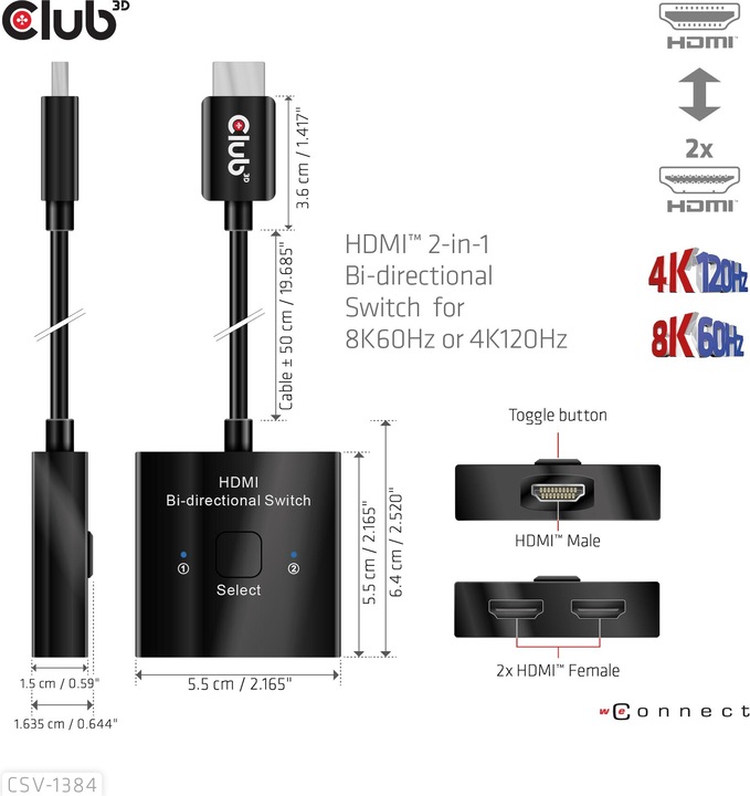 Actual product image Club 3D Club3D HDMI Switch 2-in-1 bidirectional 8K60Hz/4K120Hz UHD retail