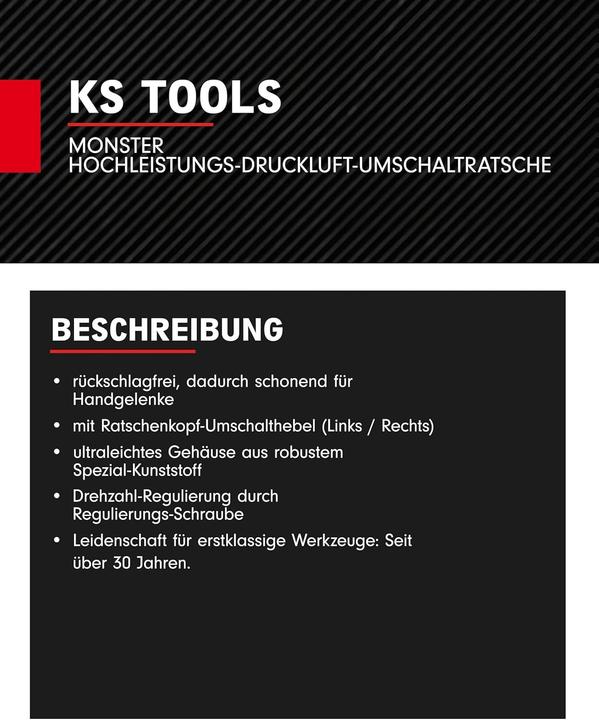 Produktbild KS Tools 1/2" MONSTER Hochleistungs-Druckluft-Umschaltratsche, 300 U/min, max. 6,3 bar (1/2")