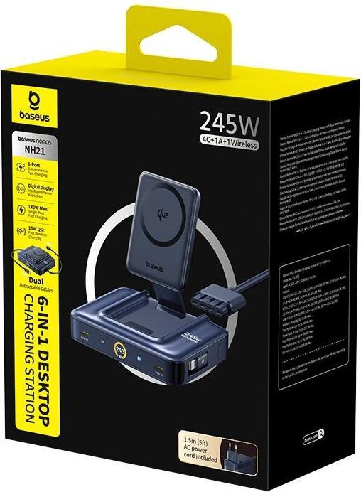 Produktbild Baseus Stacja ładująca Nomos NH21 6w1 245W bezprzewodowa z dwoma zwijanymi kablami USB-C - czarna (245 W, 6 Ports)