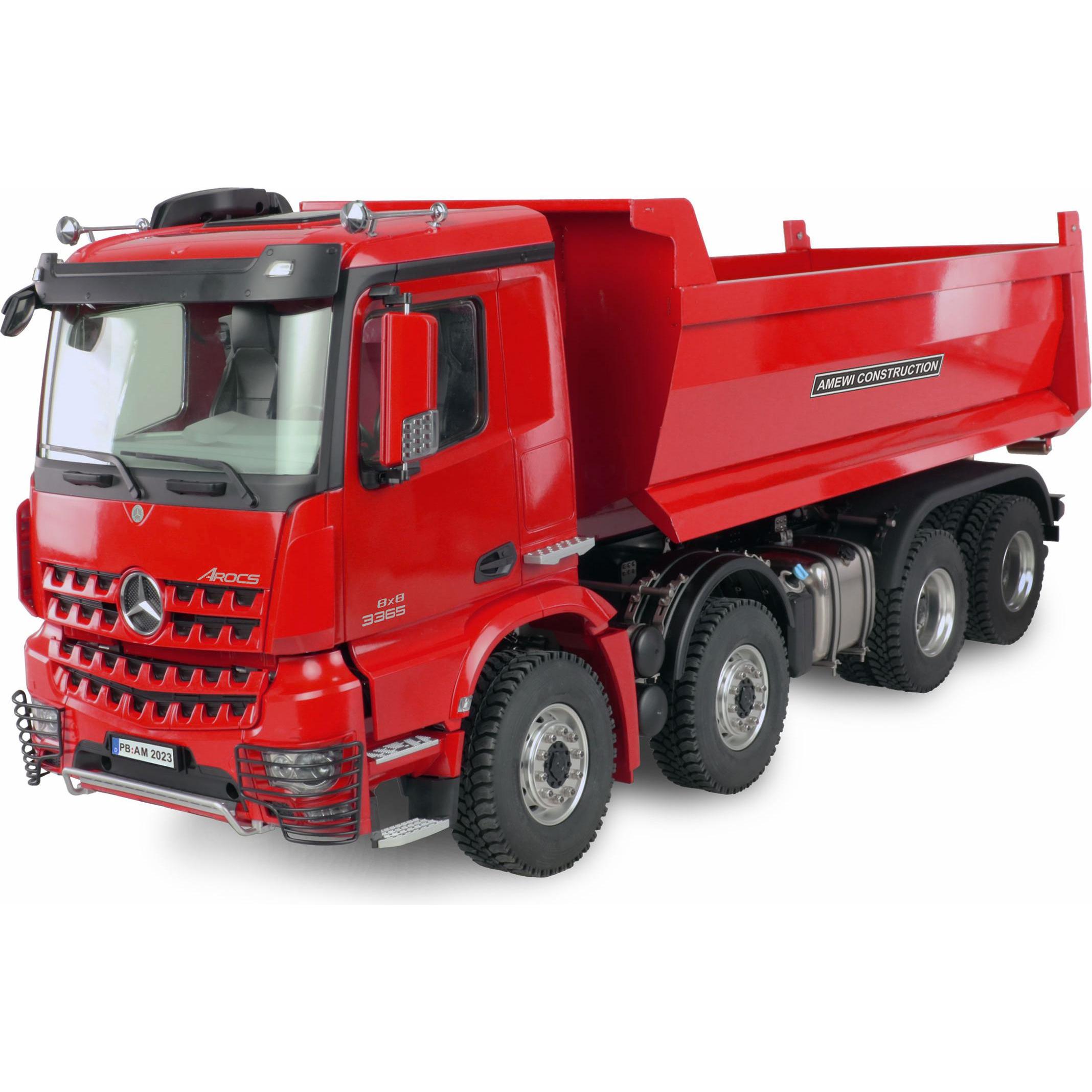 Amewi M-Benz Arocs ribaltabile idraulico Pro 8x8 1:14 RTR rosso, suono, luce, cambio a 2 velocità, (RTR pronto all'uso)