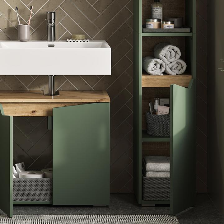 Actual product image Vicco Badschrank Marelle, Grün/Artisan, 30 x 180 cm mit Türen und offenen Fächern