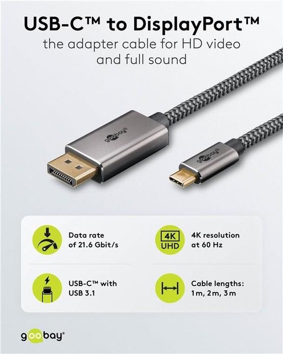 Image du produit Goobay USB-C-auf-DisplayPort-Textilkabel 4K @ 60 Hz, 1 m, schwarzsilber (1 m)