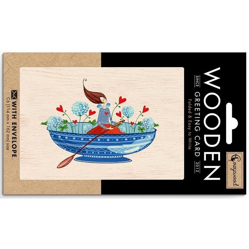 Cozywood, Biglietto di auguri + Carta da lettere, Holzkarte C6 + Umschlag Frau mit Pusteblume