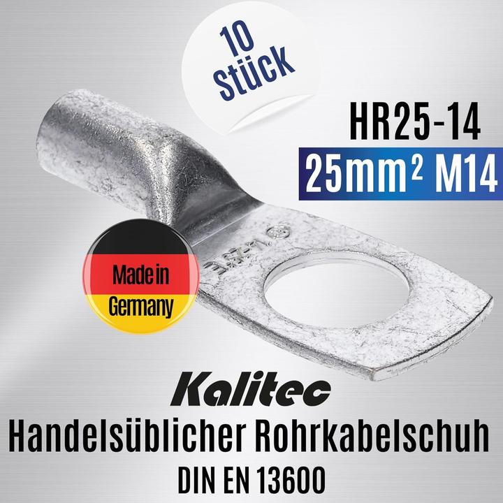 Produktbild Kalitec 10 Stück HR25-14 Handelsübliche Rohrkabelschuhe 25mm² M14 I ohne Sichtloch I Made in Germany