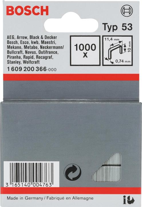 Produktbild Bosch Professional Zubehör Feindrahtklammer Typ 53, 11,4 x 0,74 x 10 mm, 1000er-Pack