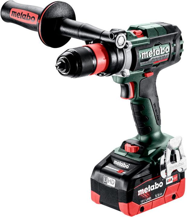 Futuro Plus "QuickPlus" quick-change drill chuck, additional handle, 2 LiHD battery packs (18 V/5.5 Ah), ASC 145 "AIR COOLED" quick charger, metaBOX 145 L