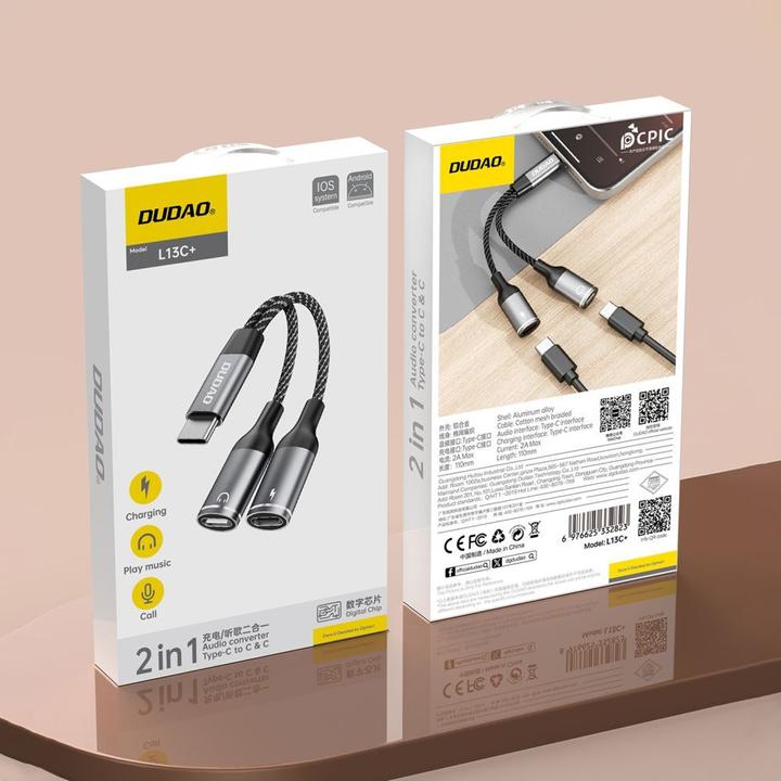 Actual product image Dudao L13C+ 2in1 USB-C adapter - grey (USB-C, 2 Ports)