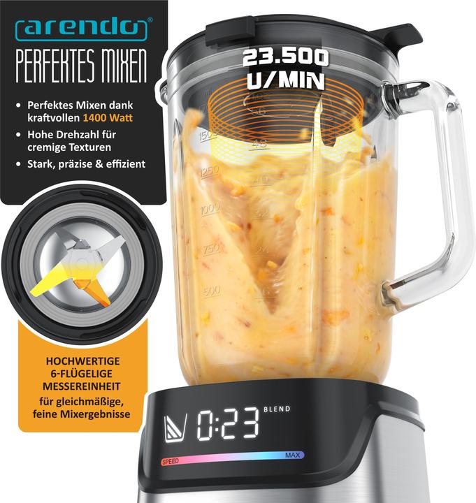 Produktbild Arendo Standmixer 1400W, Display, 6 Geschwindigkeiten, 1,7l, 3 Programme, Pulsfunktion, Sicherheitssperre (1400 W)