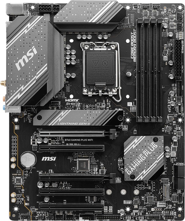 Actual product image MSI B760 GAMING PLUS WIFI LGA1700 mATX MB 4xDDR5 4xSATA 2xM.2 (LGA 1700, Intel B760, ATX)