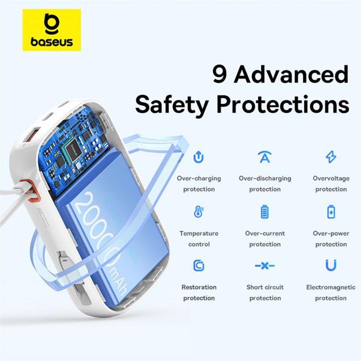 Produktbild Baseus Qpow Pro+ 20000 mAh 22,5 W Powerbank mit integriertem USB-C-Kabel und Display – Weiss (20000 mAh, 22.50 W, 74 Wh)